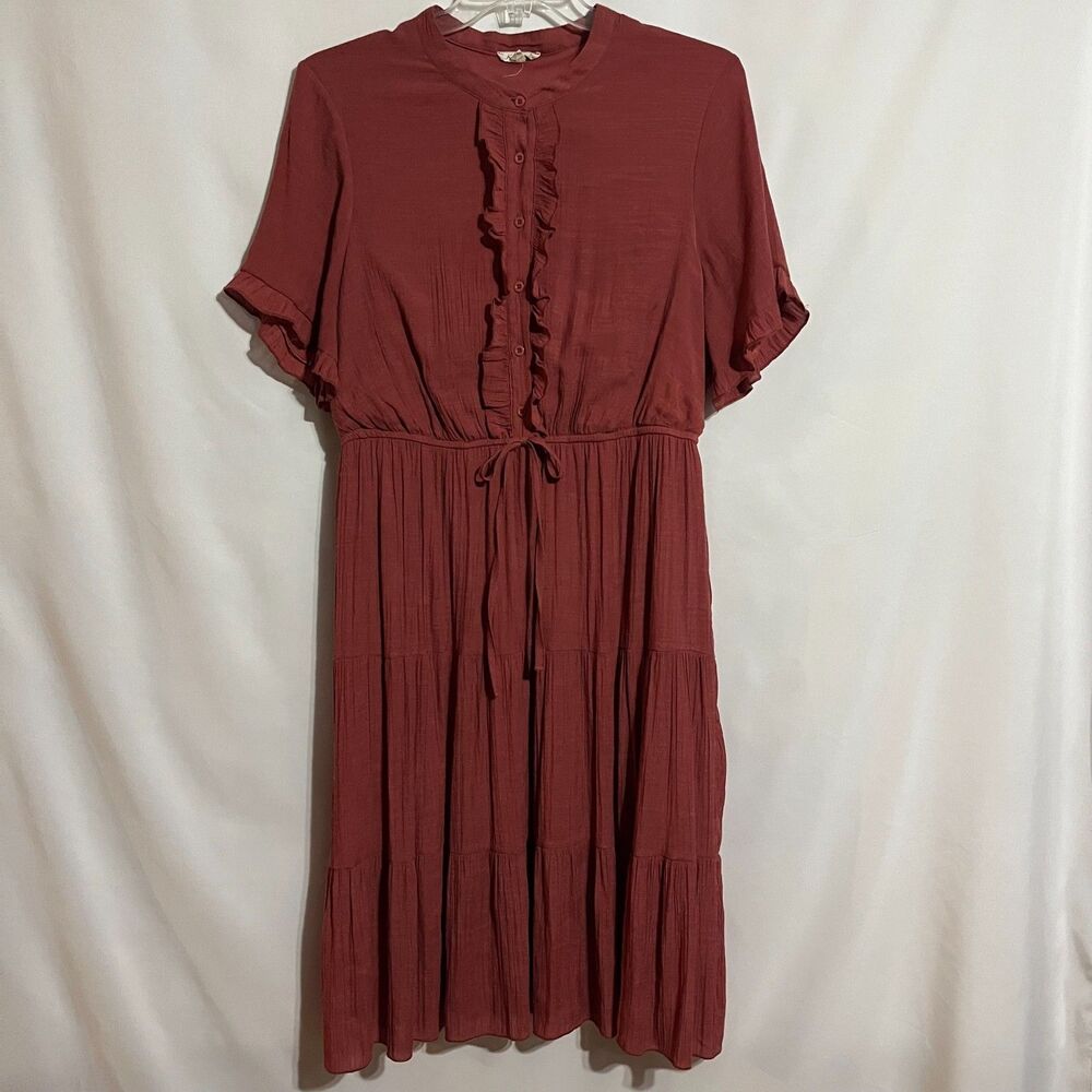 Kings Road Boho Tiered Midi Dress 2X Dusty Rose Ruffle Placket Flutter Sleeve